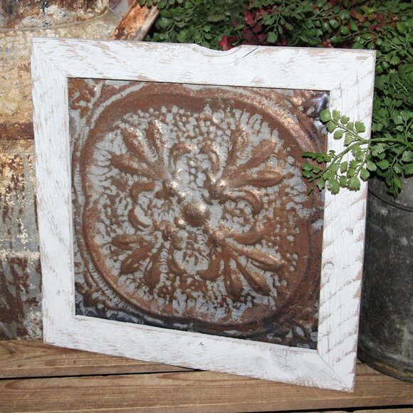 Ornate Vintage Rustic Metal Tile & Reclaimed Wood Medallion Wall Decor Plaque - Picture 3 of 6